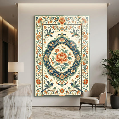 Klasik Osmanlı Tarzı Çiçekli ve Kuşlu Dikey Cam Tablo