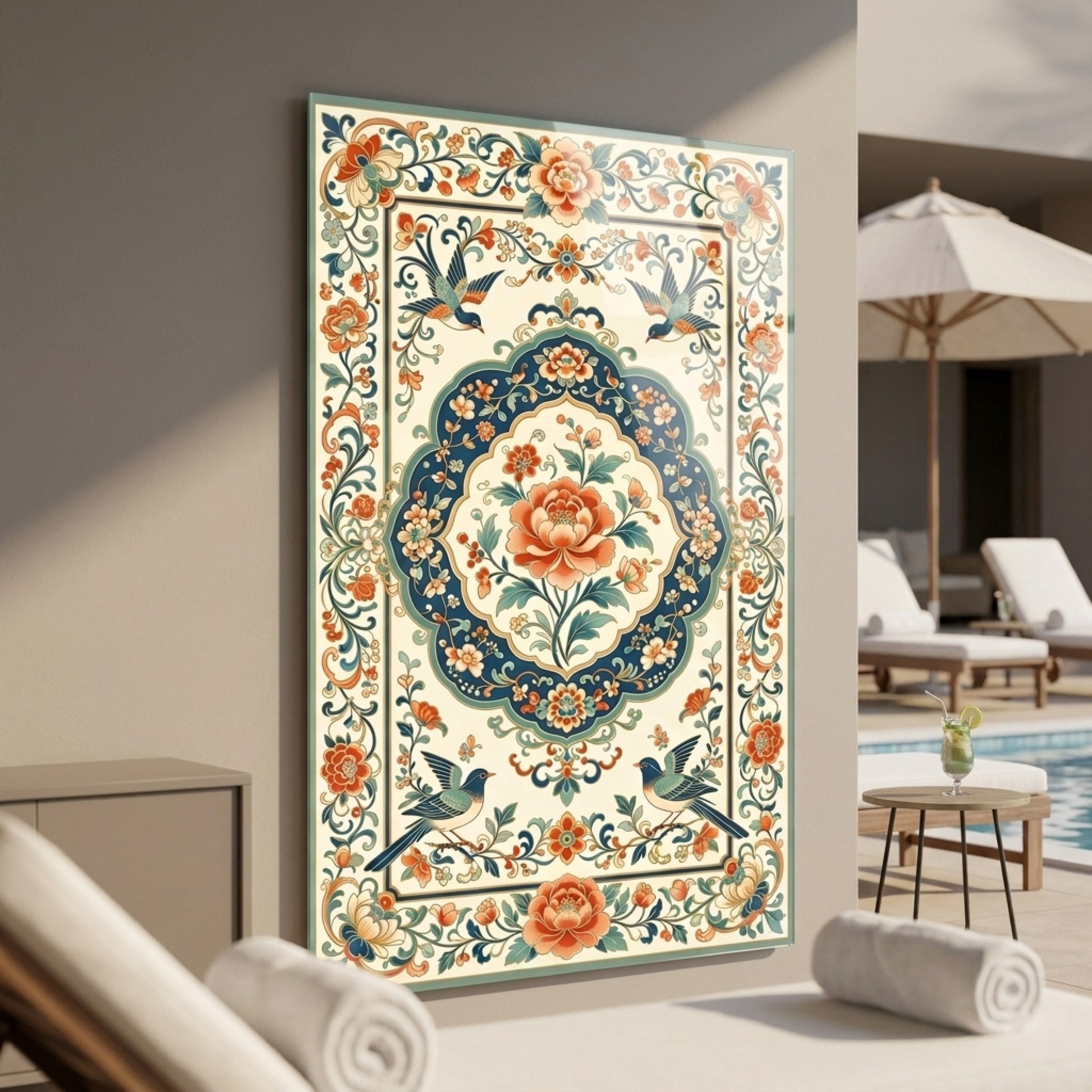 Klasik Osmanlı Tarzı Çiçekli ve Kuşlu Dikey Cam Tablo