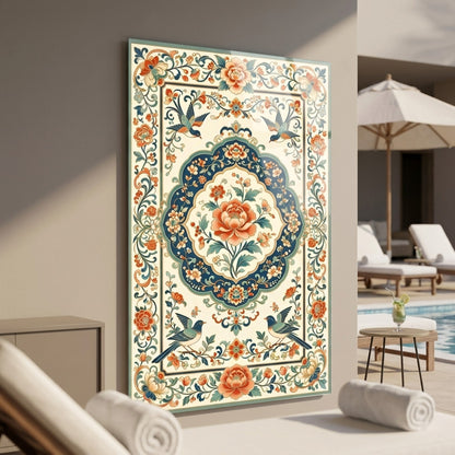 Klasik Osmanlı Tarzı Çiçekli ve Kuşlu Dikey Cam Tablo