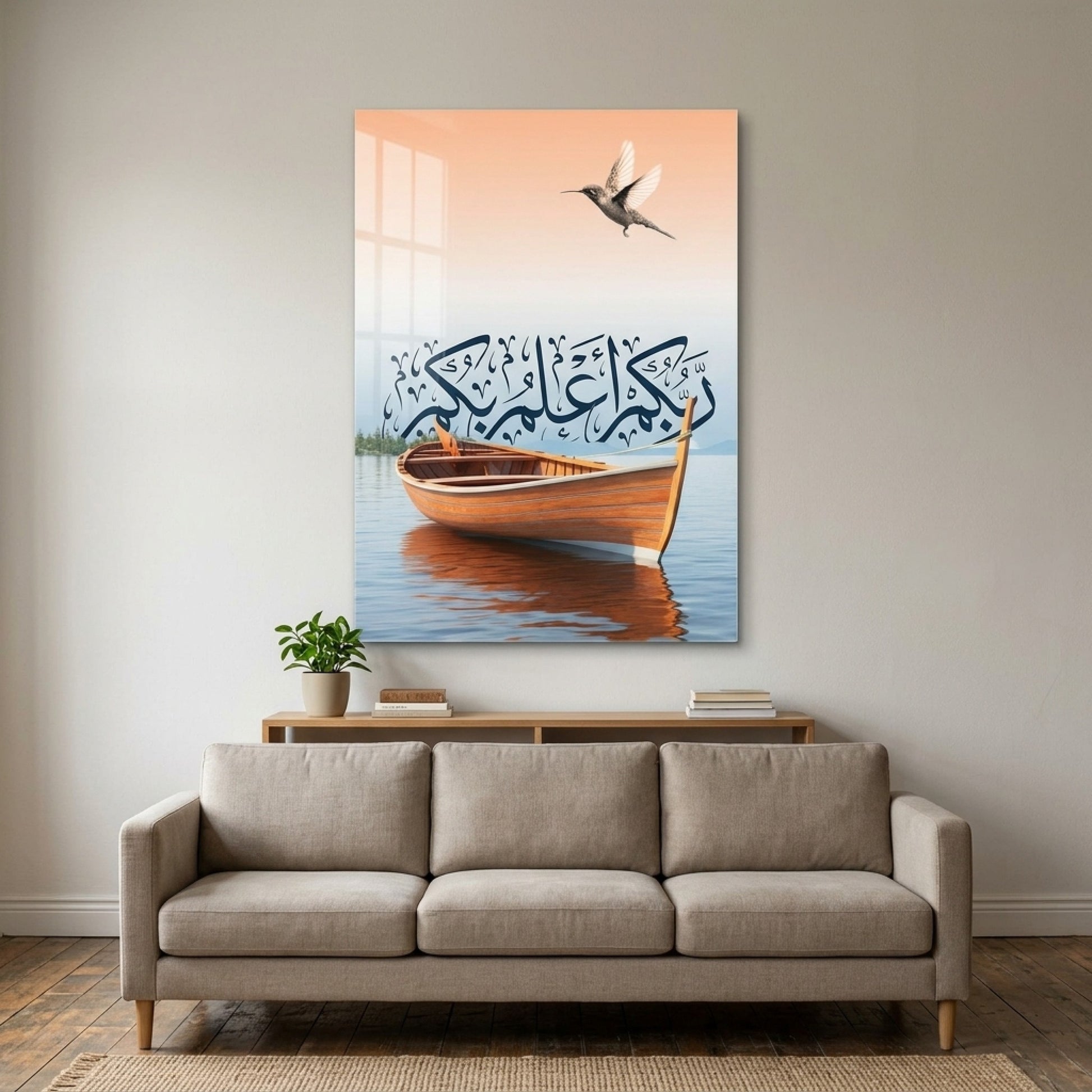 Modern Hat Yazılı Kayık ve Kuş Manzarası Dikey Cam Tablo