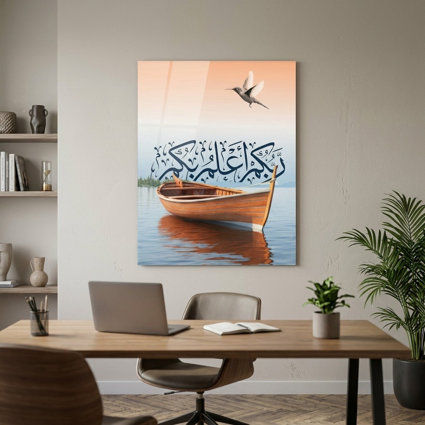 Modern Hat Yazılı Kayık ve Kuş Manzarası Dikey Cam Tablo