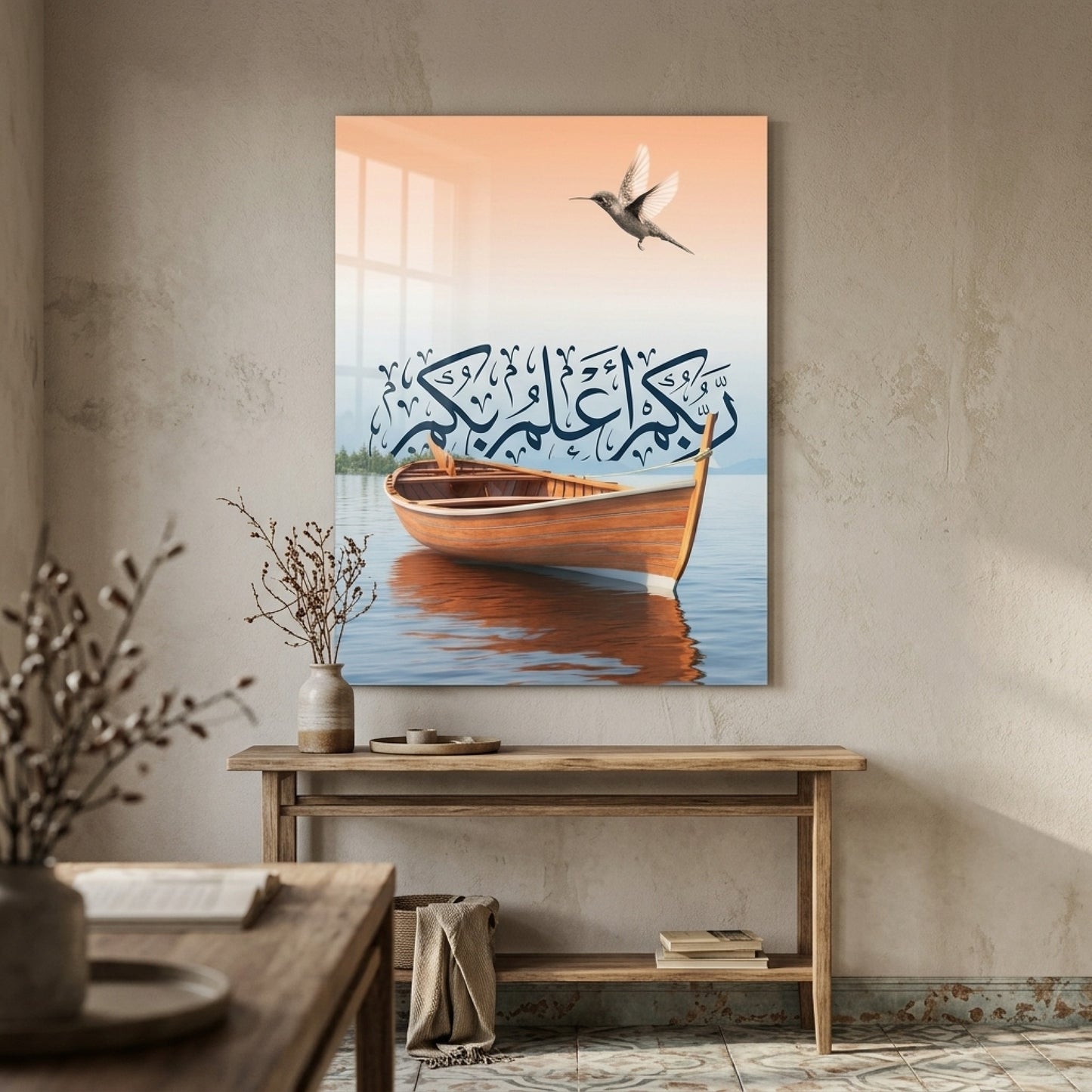 Modern Hat Yazılı Kayık ve Kuş Manzarası Dikey Cam Tablo