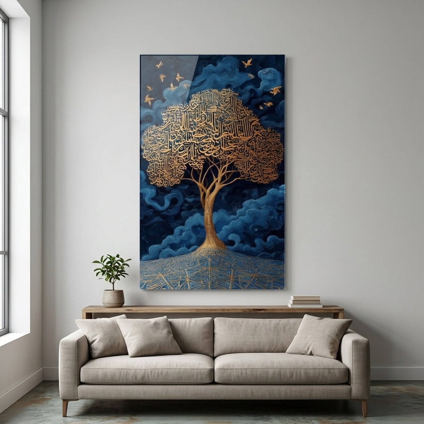 Modern İslami Sanat Altın Kaligrafi Ağacı Dikey Cam Tablo