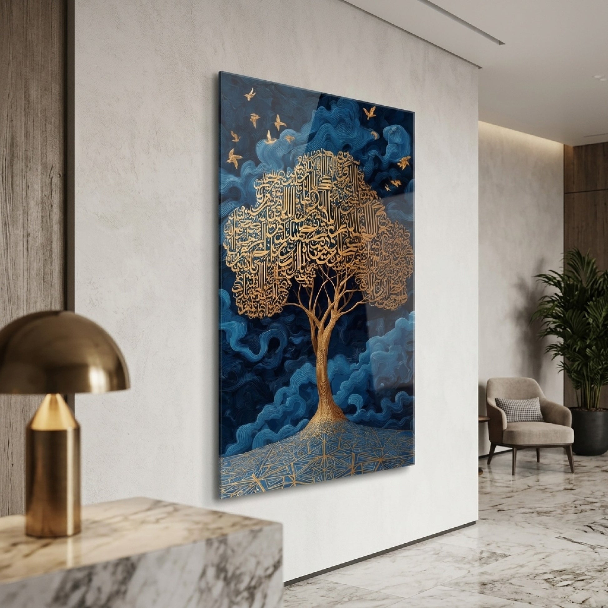 Modern İslami Sanat Altın Kaligrafi Ağacı Dikey Cam Tablo