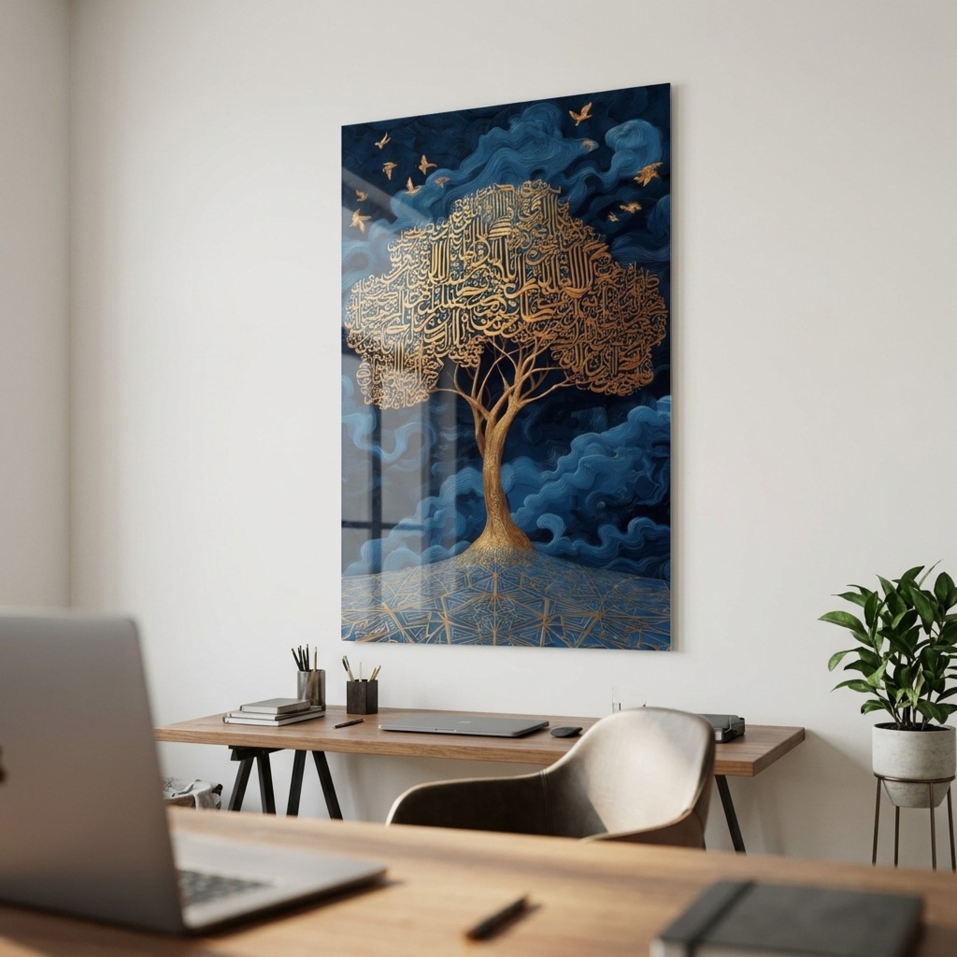 Modern İslami Sanat Altın Kaligrafi Ağacı Dikey Cam Tablo
