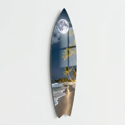 Tropikal Plaj ve Dolunay Manzaralı Sanat Eseri Surf Board Cam Tablo