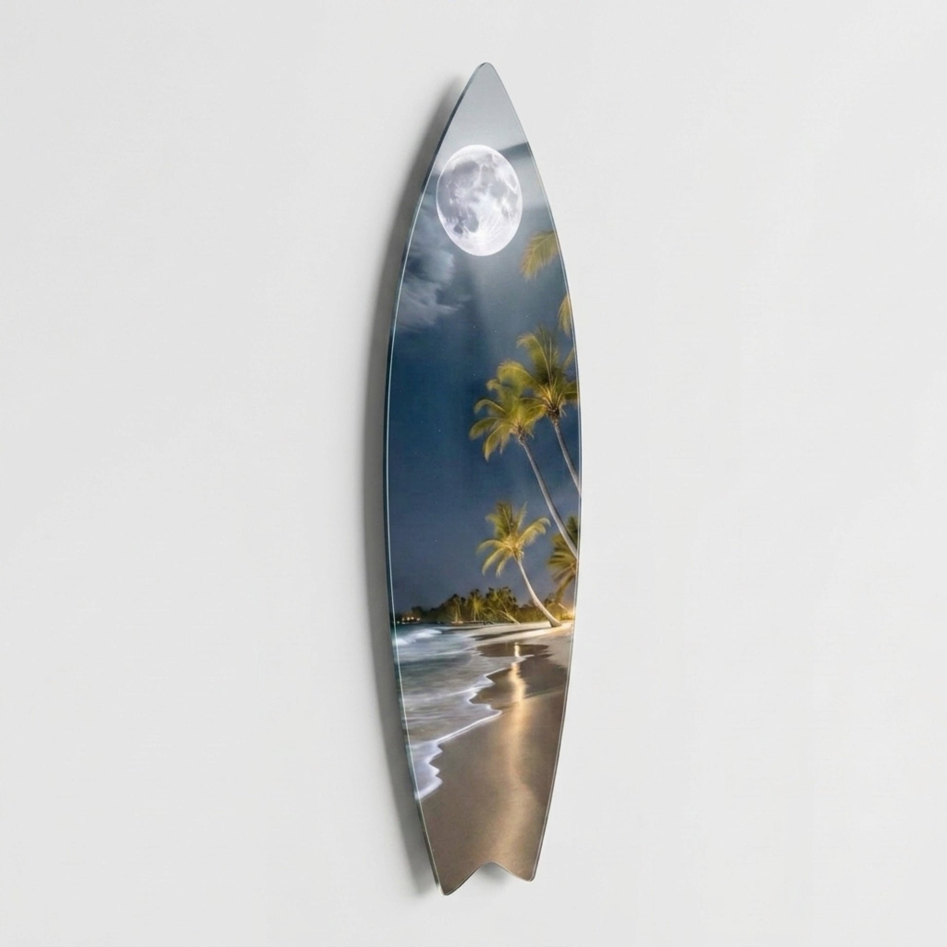 Tropikal Plaj ve Dolunay Manzaralı Sanat Eseri Surf Board Cam Tablo