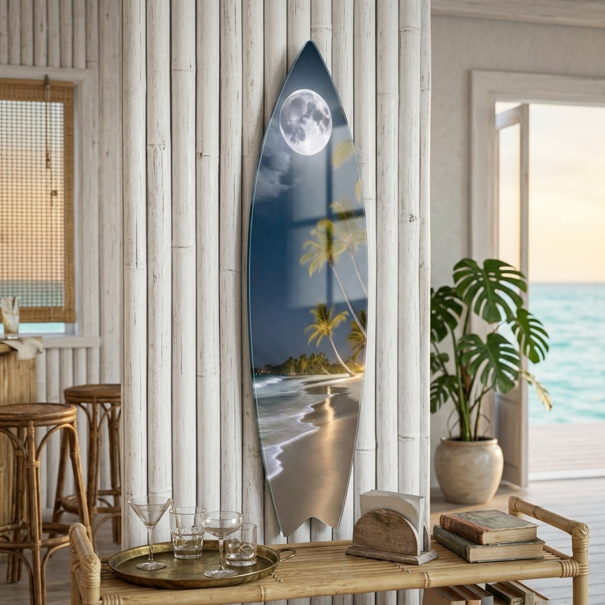 Tropikal Plaj ve Dolunay Manzaralı Sanat Eseri Surf Board Cam Tablo