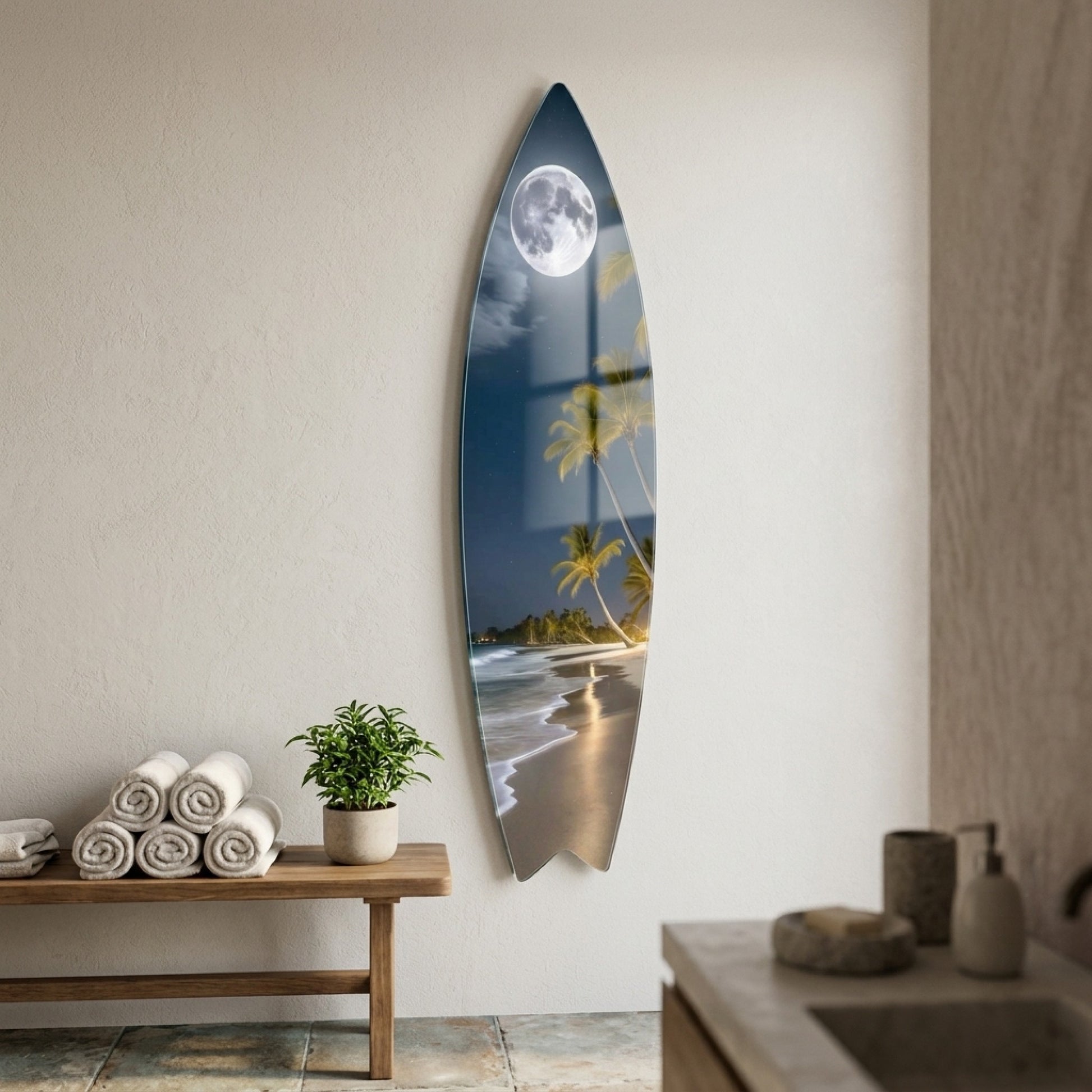 Tropikal Plaj ve Dolunay Manzaralı Sanat Eseri Surf Board Cam Tablo