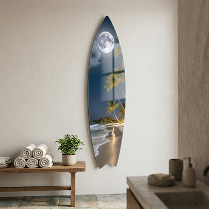 Tropikal Plaj ve Dolunay Manzaralı Sanat Eseri Surf Board Cam Tablo