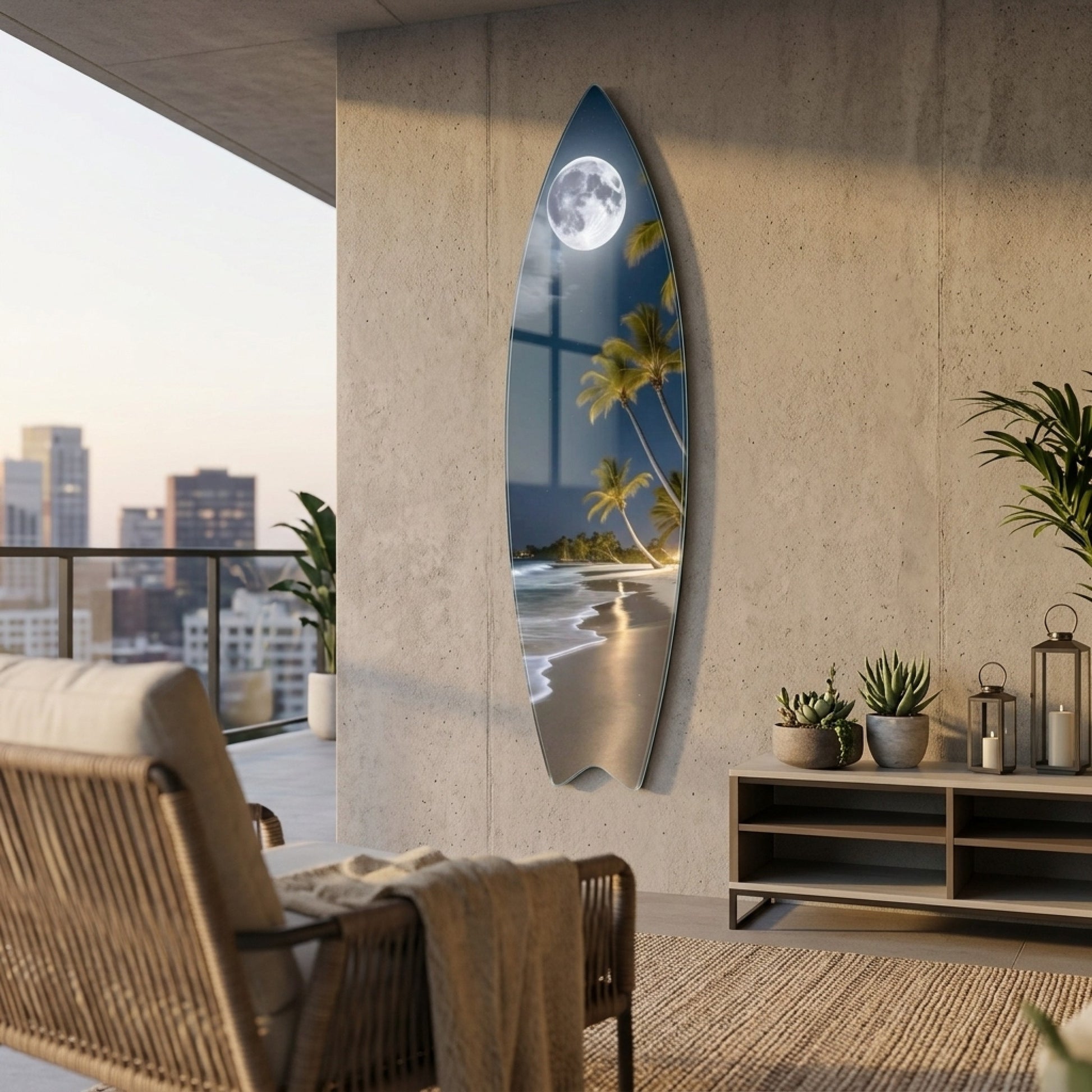 Tropikal Plaj ve Dolunay Manzaralı Sanat Eseri Surf Board Cam Tablo
