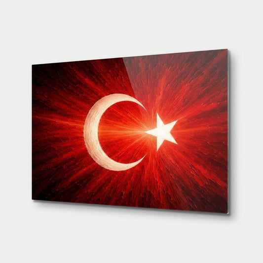 Ay Yıldızlı Bayrak Işıltılı Sanat Eseri Yatay Cam Tablo
