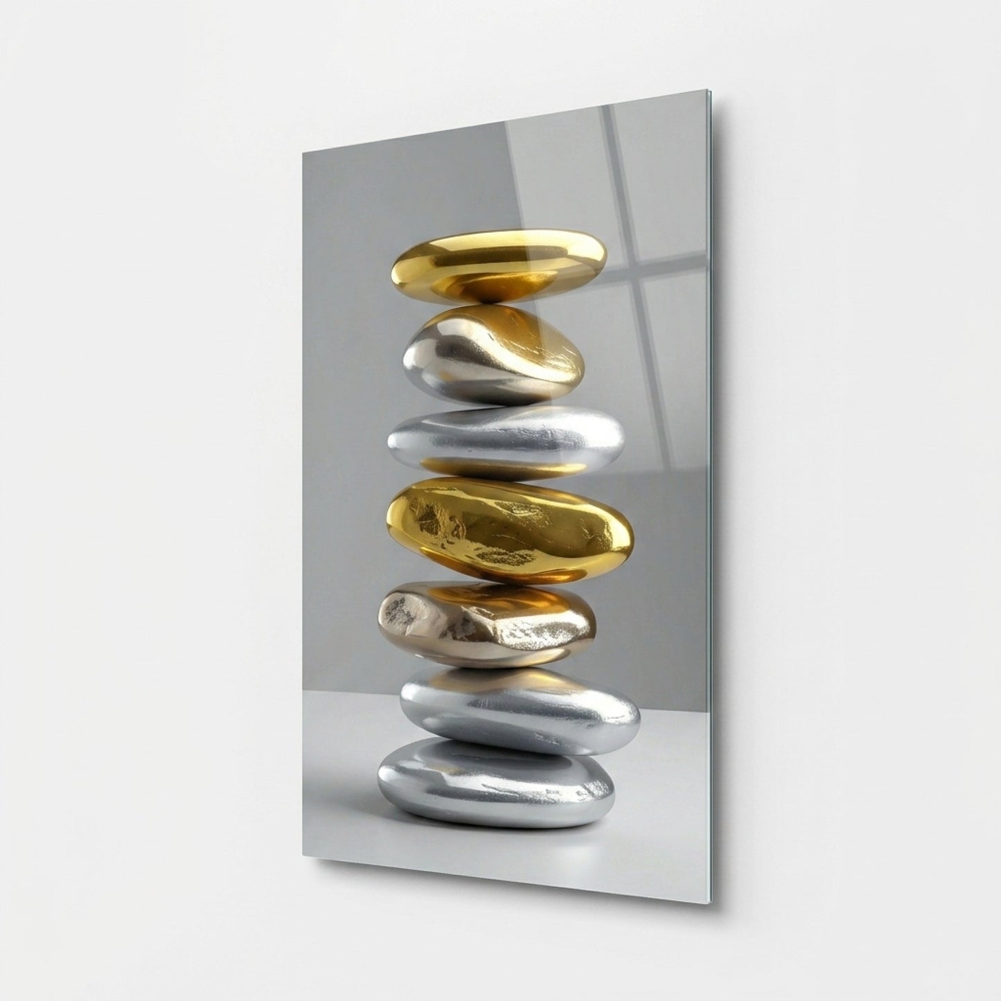 Modern Altın ve Gümüş Taşlar Feng Shui Dikey Cam Tablo