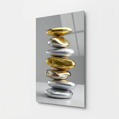 Modern Altın ve Gümüş Taşlar Feng Shui Dikey Cam Tablo