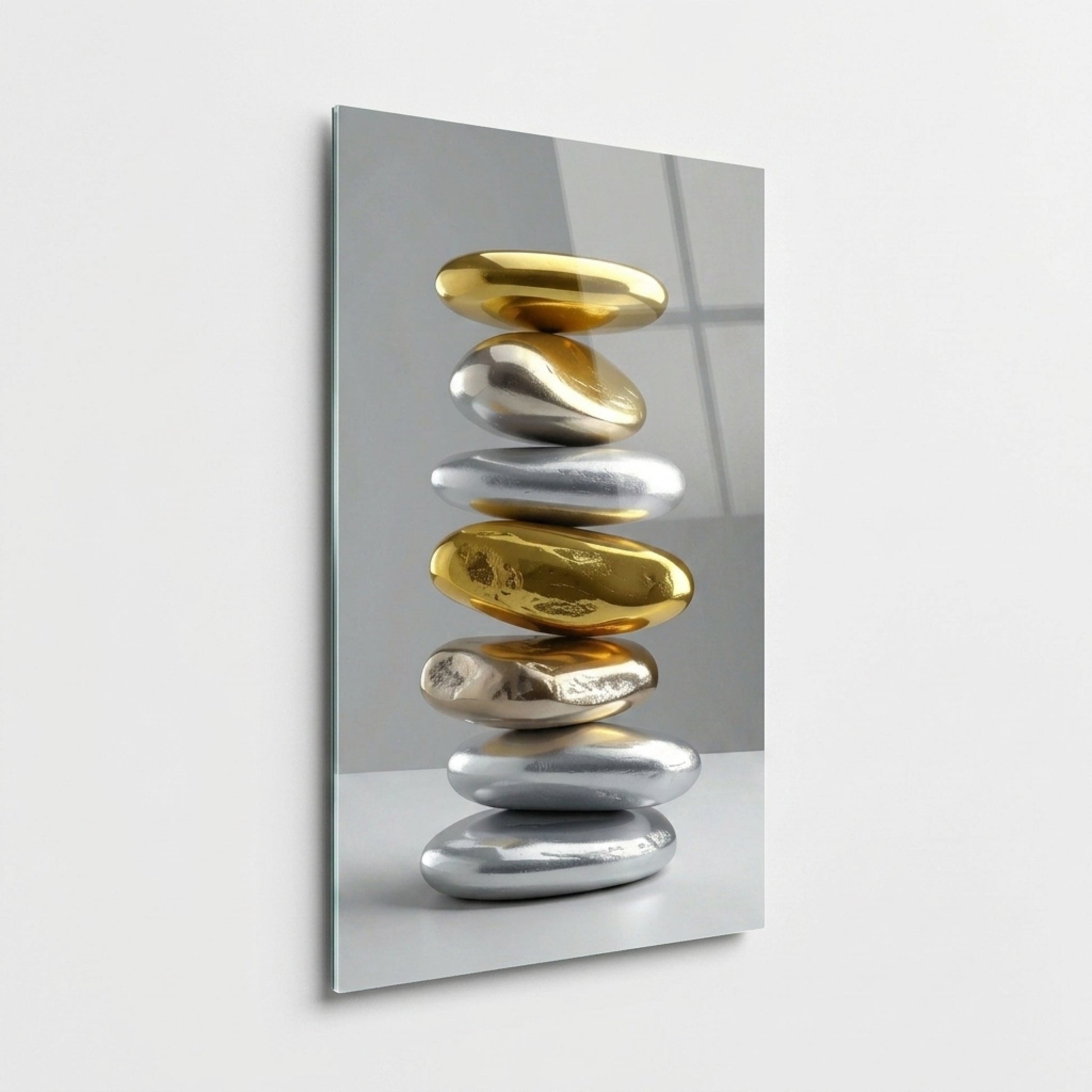 Modern Altın ve Gümüş Taşlar Feng Shui Dikey Cam Tablo