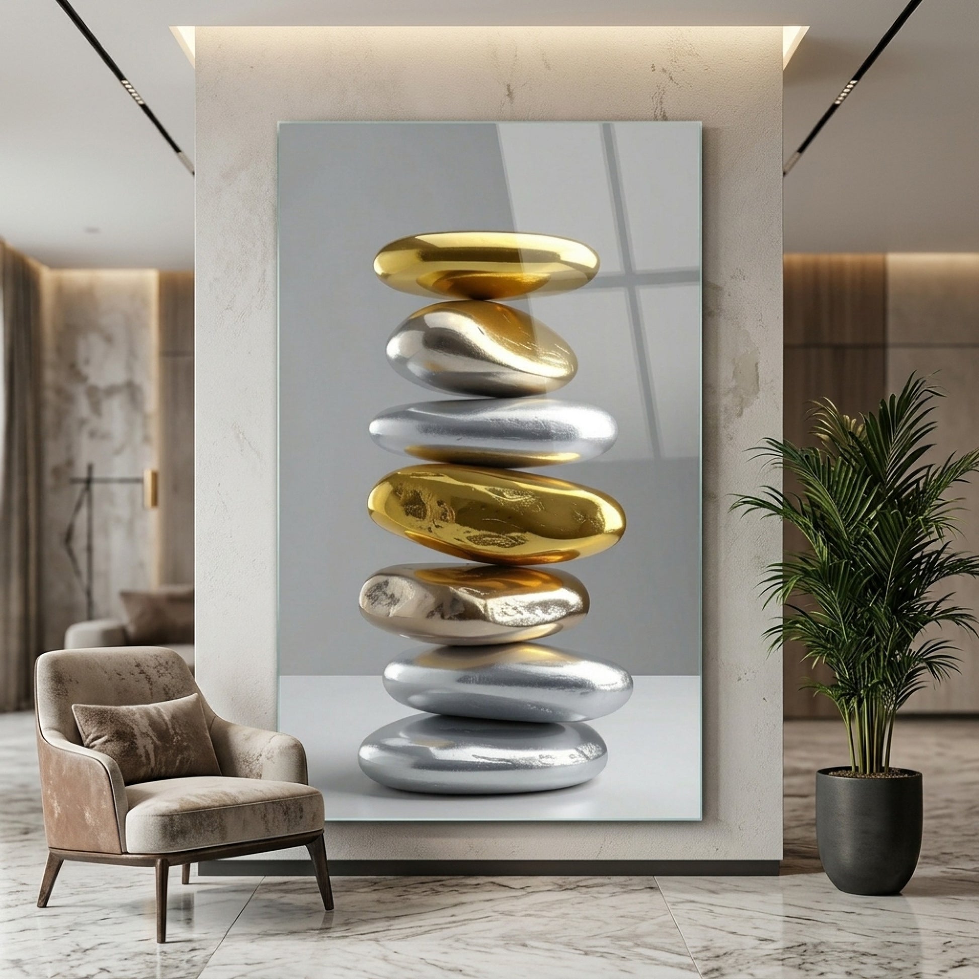 Modern Altın ve Gümüş Taşlar Feng Shui Dikey Cam Tablo