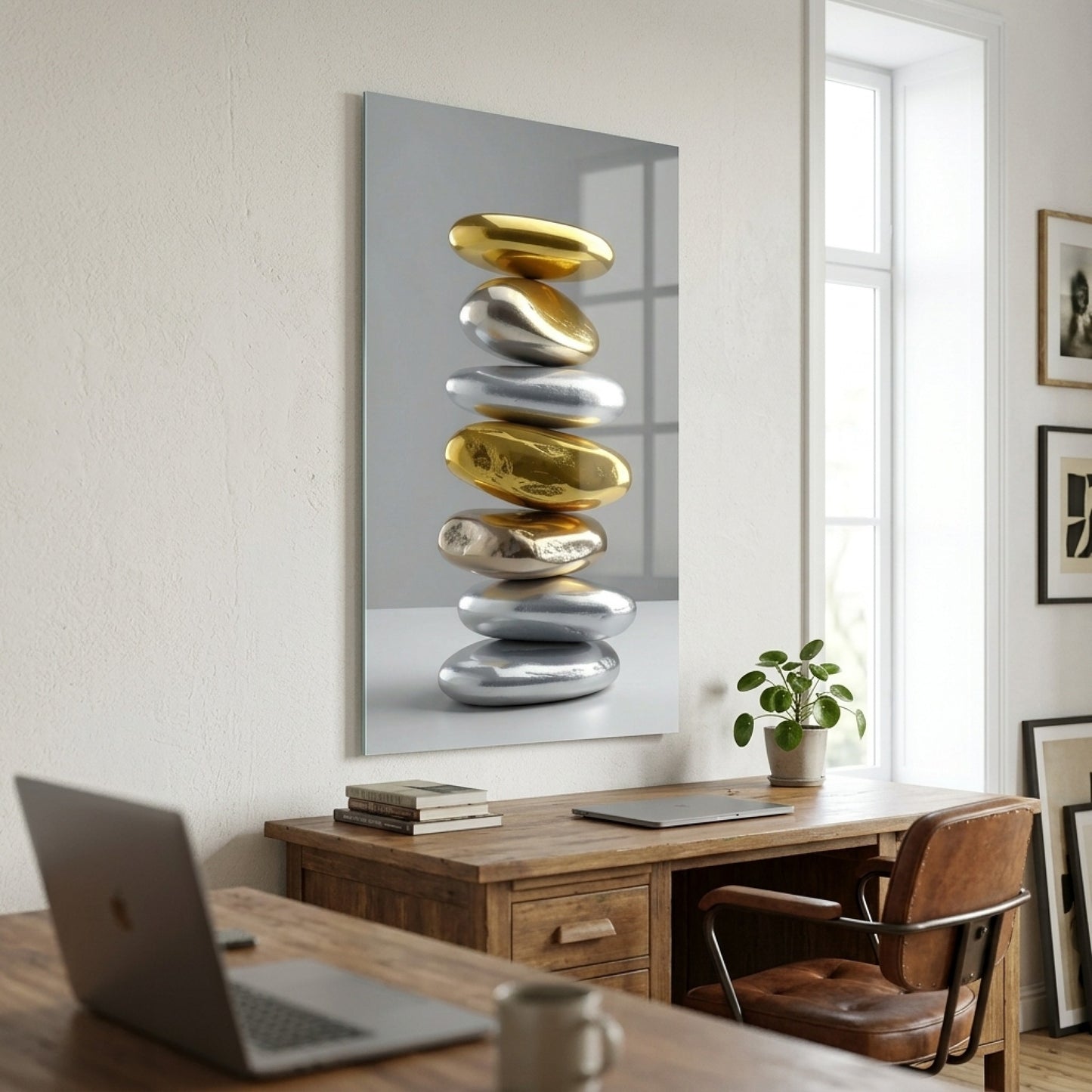 Modern Altın ve Gümüş Taşlar Feng Shui Dikey Cam Tablo