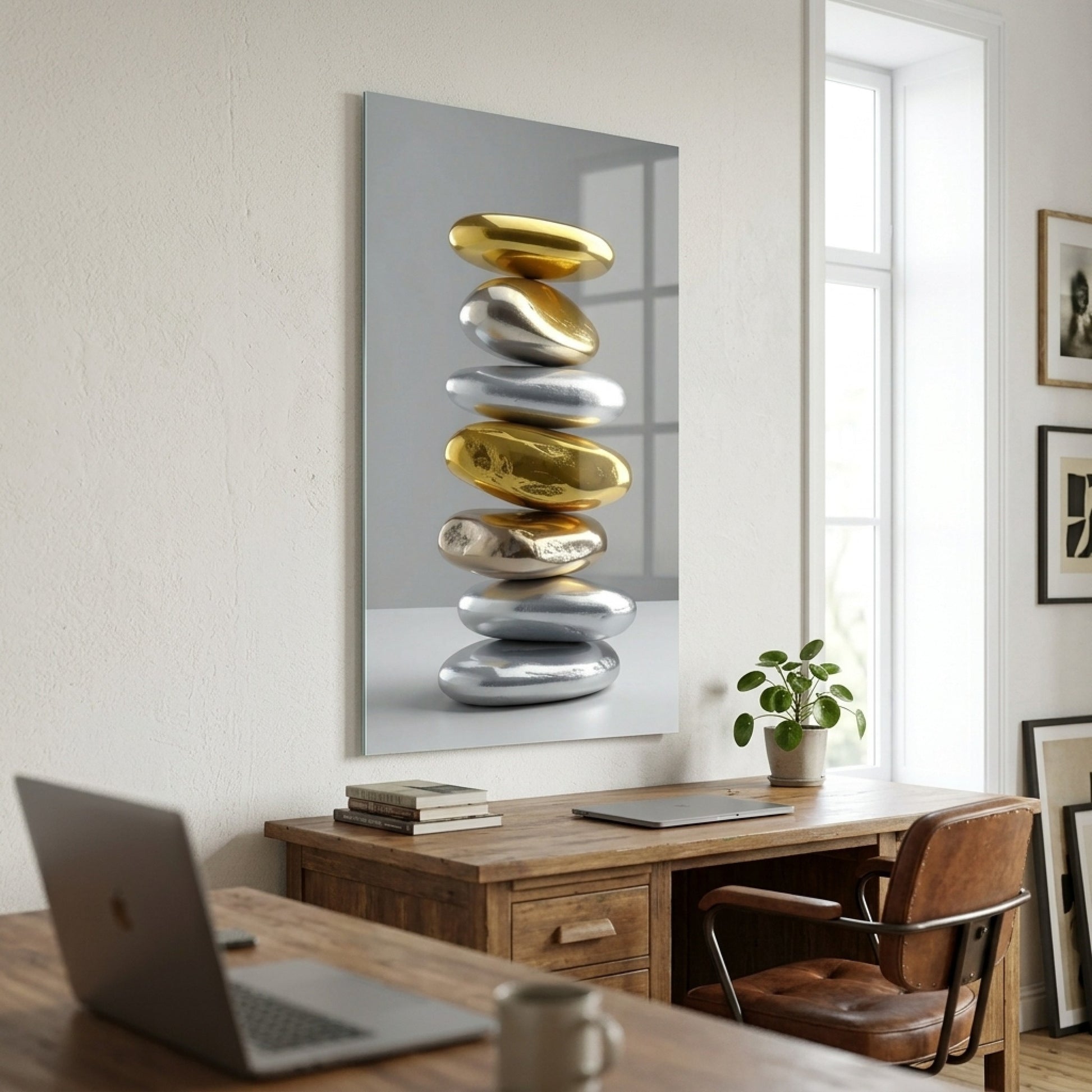 Modern Altın ve Gümüş Taşlar Feng Shui Dikey Cam Tablo
