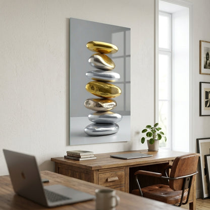 Modern Altın ve Gümüş Taşlar Feng Shui Dikey Cam Tablo