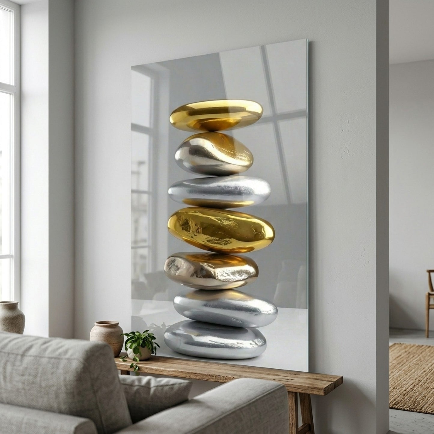 Modern Altın ve Gümüş Taşlar Feng Shui Dikey Cam Tablo