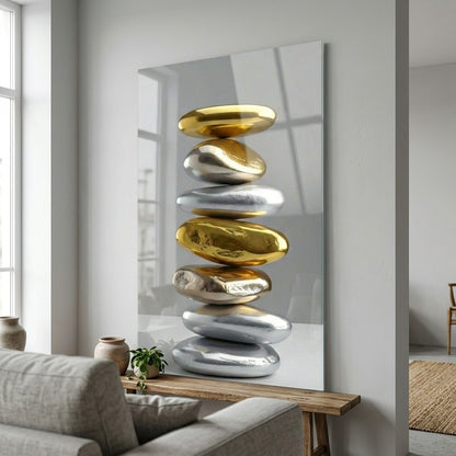 Modern Altın ve Gümüş Taşlar Feng Shui Dikey Cam Tablo