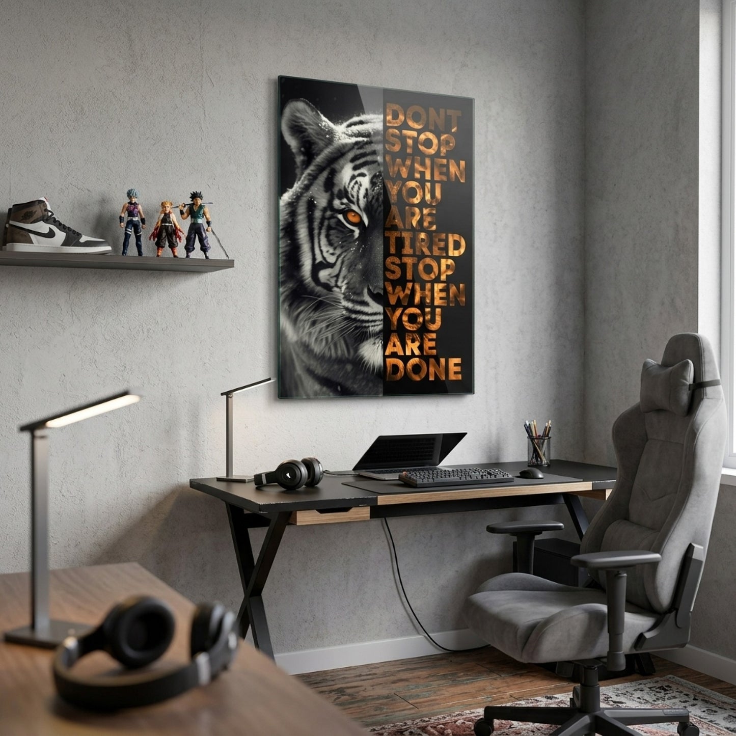 Kaplan Motivasyon Sözlü Duvar Sanatı Dikey Cam Tablo