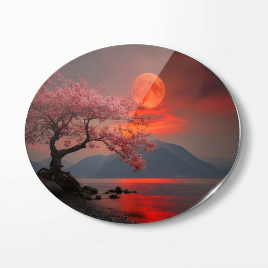 Kırmızı Dolunay Altında Sakura Ağacı ve Göl Manzarası Oval Yatay Cam Tablo