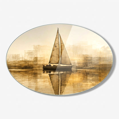 Altın Yelkenli Deniz Sanat Oval Yatay Cam Tablo