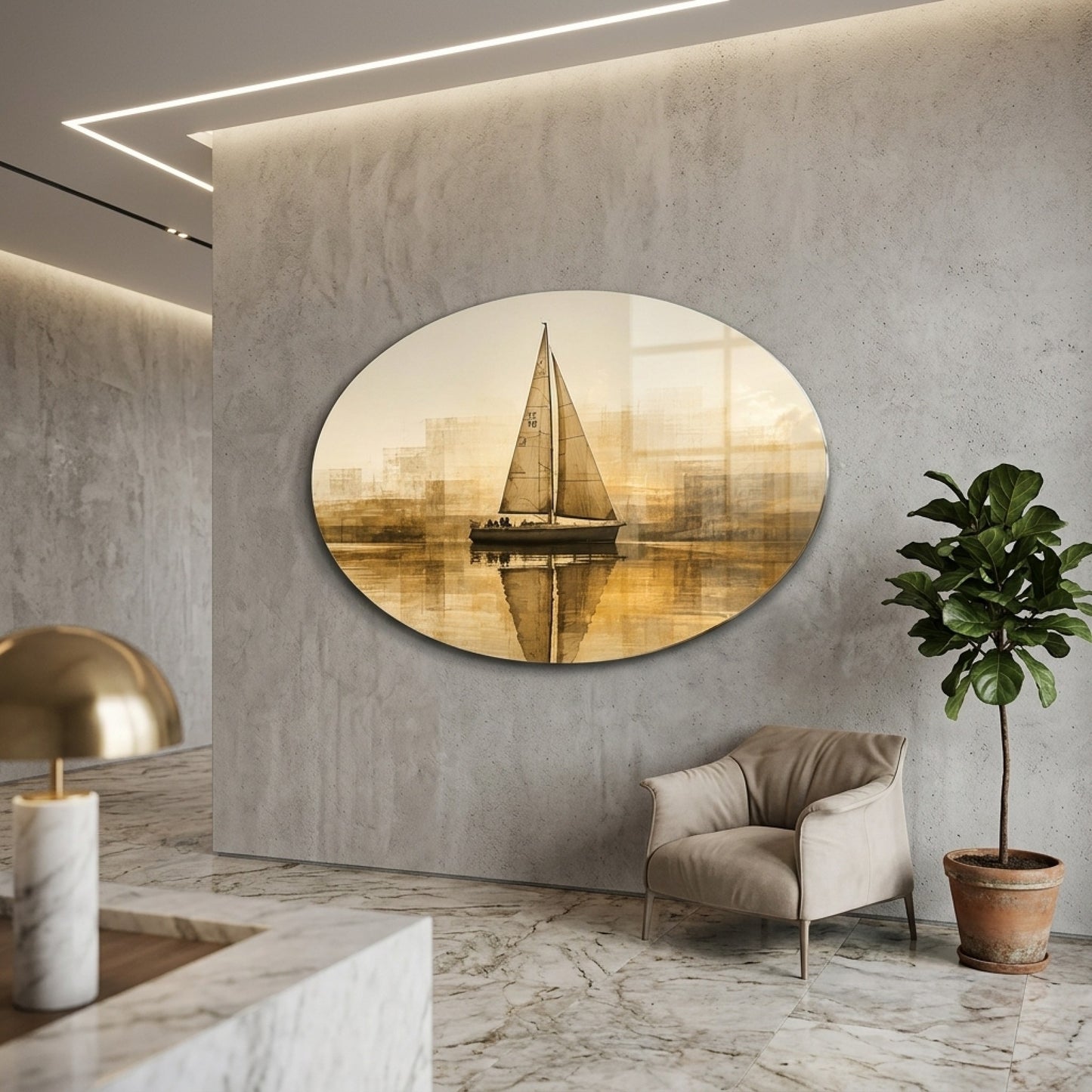 Altın Yelkenli Deniz Sanat Oval Yatay Cam Tablo