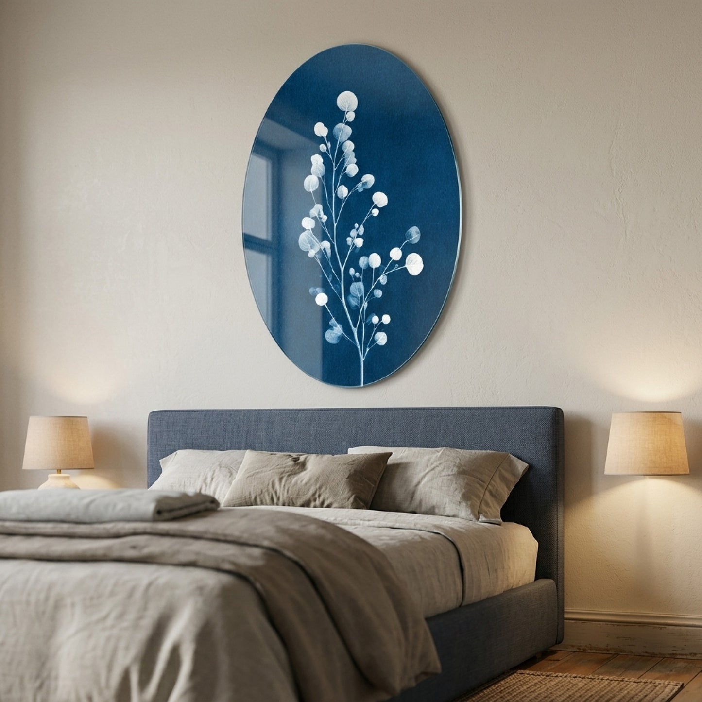 Mavi Botanik Oval Siyanotip Oval Dikey Cam Tablo