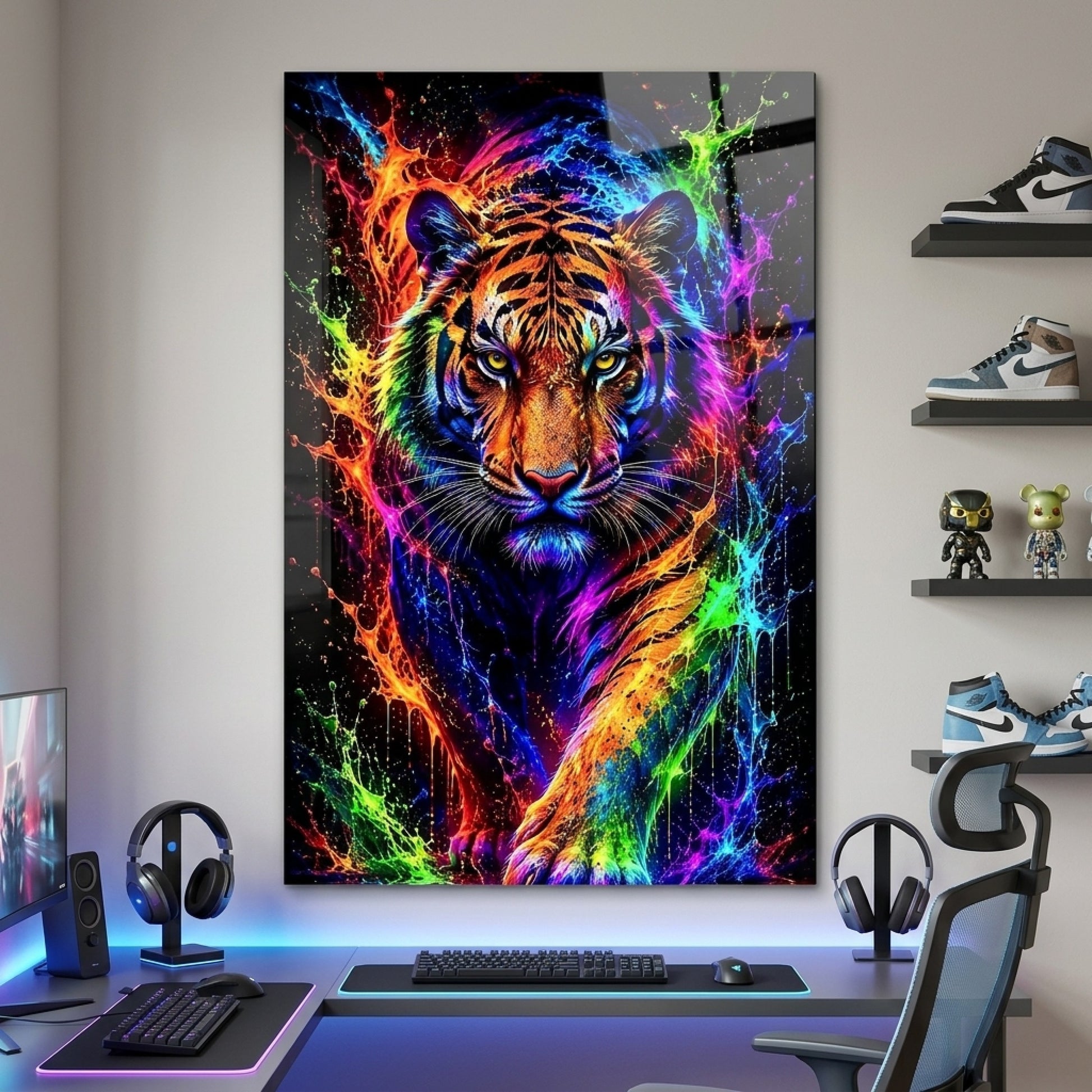 Rengarenk Neon Kaplan Sanat Baskısı Dikey Cam Tablo