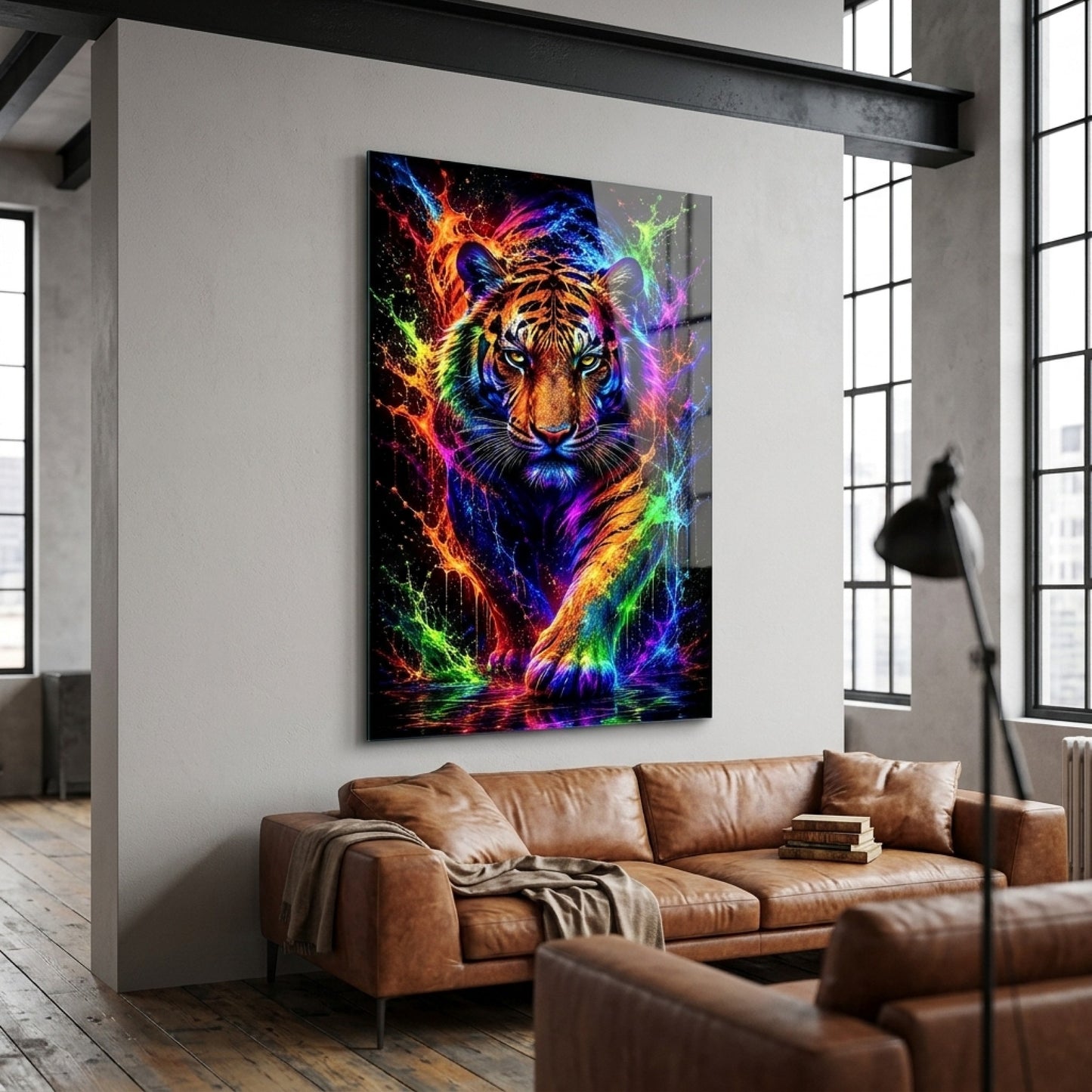 Rengarenk Neon Kaplan Sanat Baskısı Dikey Cam Tablo