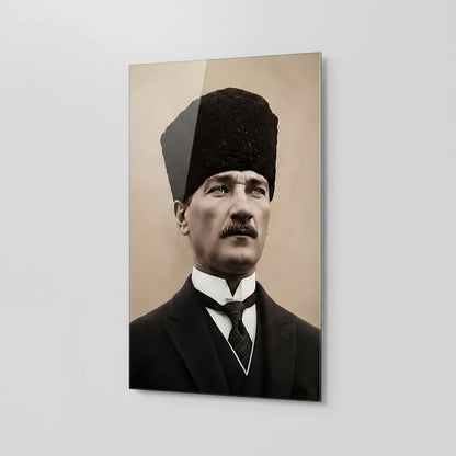 Kalpaklı Atatürk Portresi Sanatsal Dikey Cam Tablo