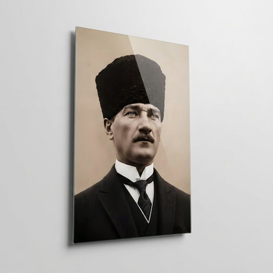 Kalpaklı Atatürk Portresi Sanatsal Dikey Cam Tablo