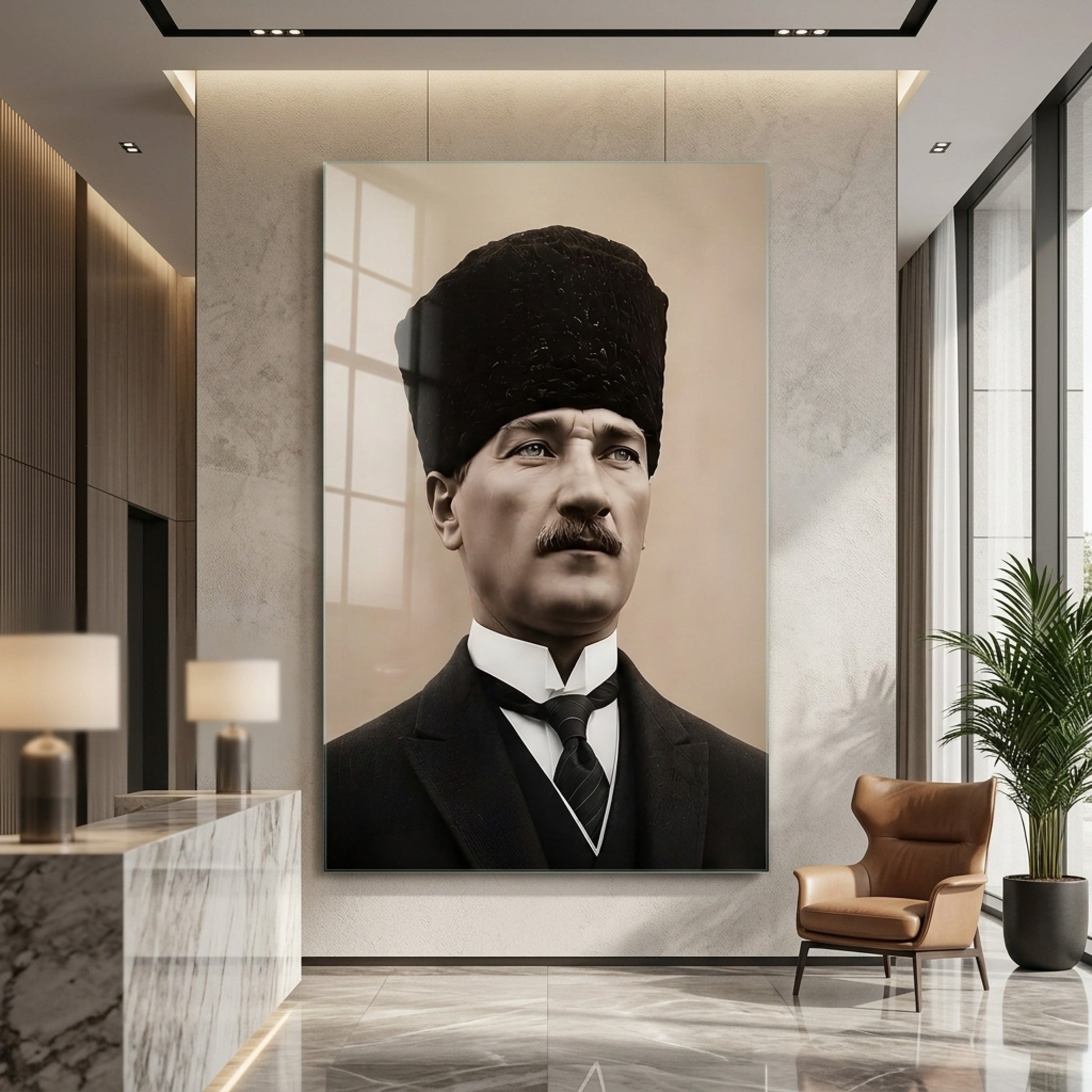 Kalpaklı Atatürk Portresi Sanatsal Dikey Cam Tablo