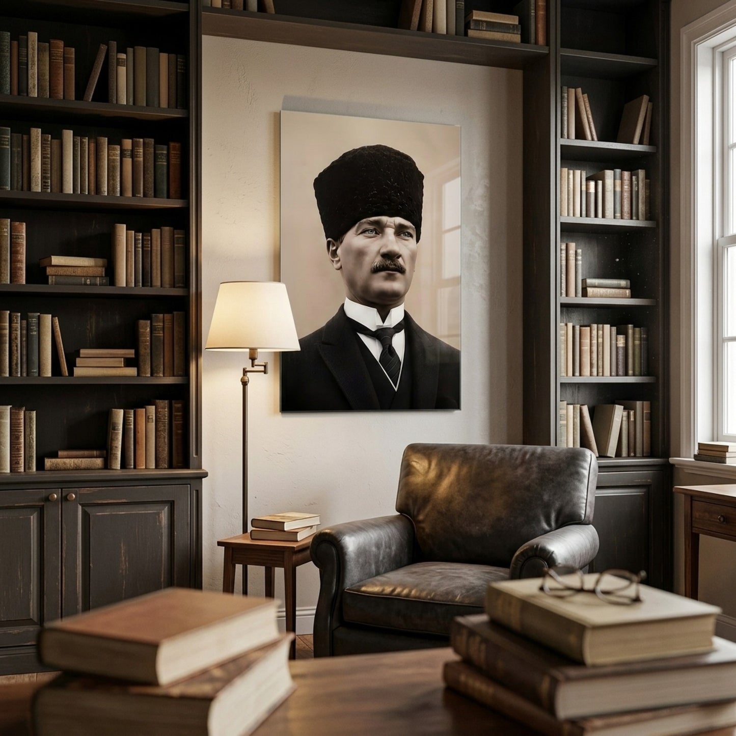 Kalpaklı Atatürk Portresi Sanatsal Dikey Cam Tablo