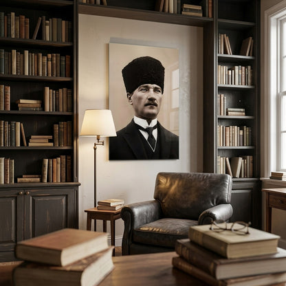 Kalpaklı Atatürk Portresi Sanatsal Dikey Cam Tablo