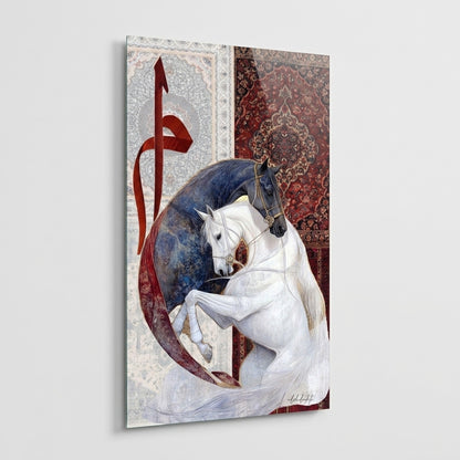 Atlar ve Kaligrafi Desenli Modern Sanat Dikey Cam Tablo