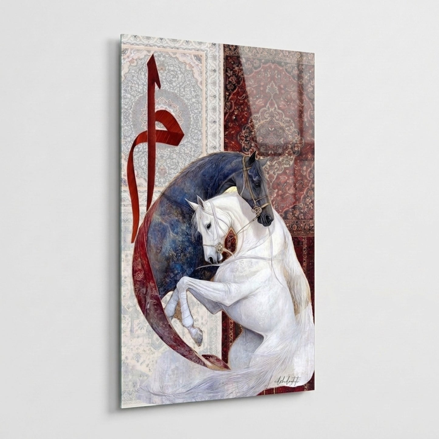 Atlar ve Kaligrafi Desenli Modern Sanat Dikey Cam Tablo