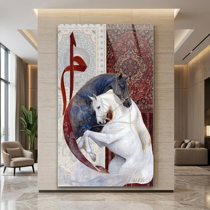 Atlar ve Kaligrafi Desenli Modern Sanat Dikey Cam Tablo