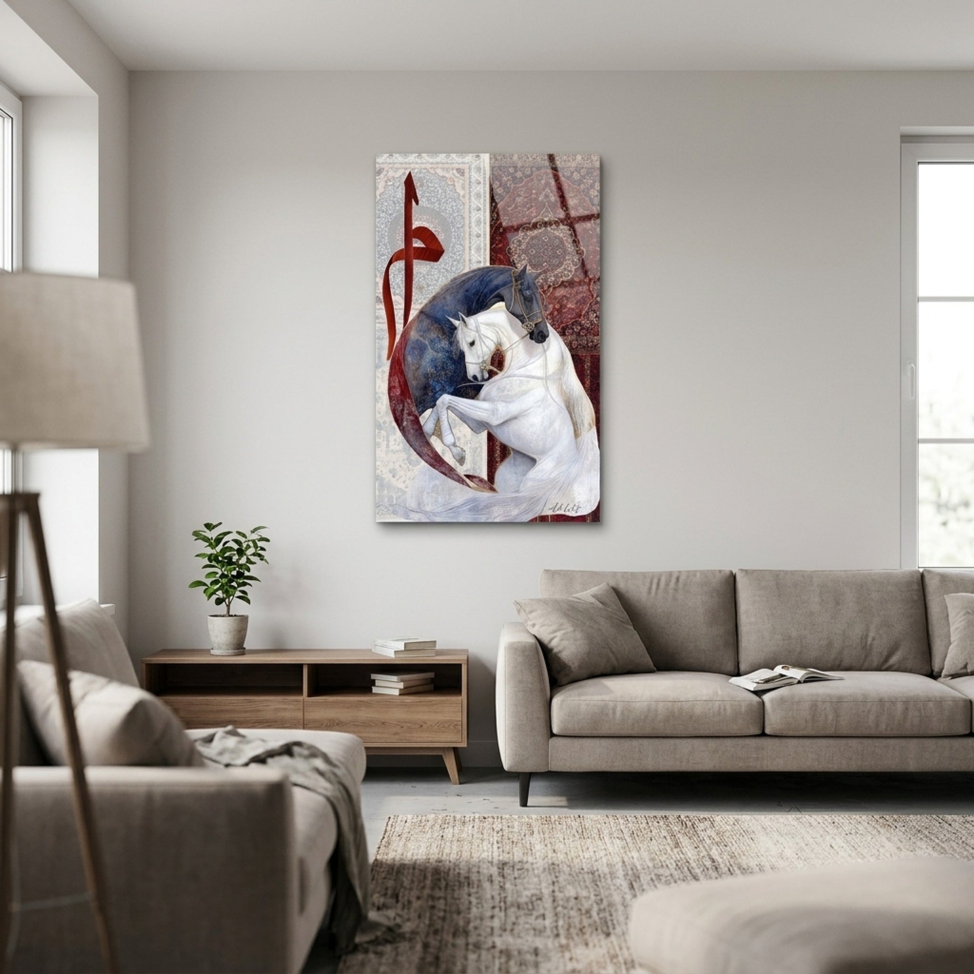 Atlar ve Kaligrafi Desenli Modern Sanat Dikey Cam Tablo