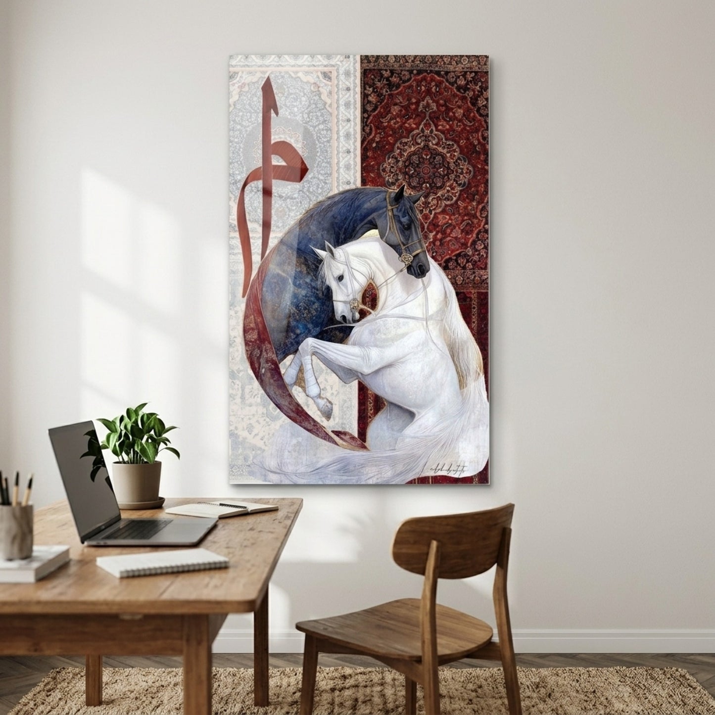 Atlar ve Kaligrafi Desenli Modern Sanat Dikey Cam Tablo