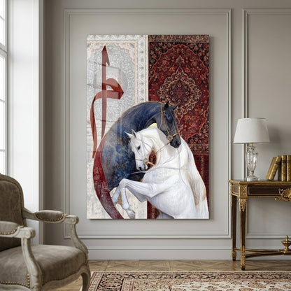 Atlar ve Kaligrafi Desenli Modern Sanat Dikey Cam Tablo