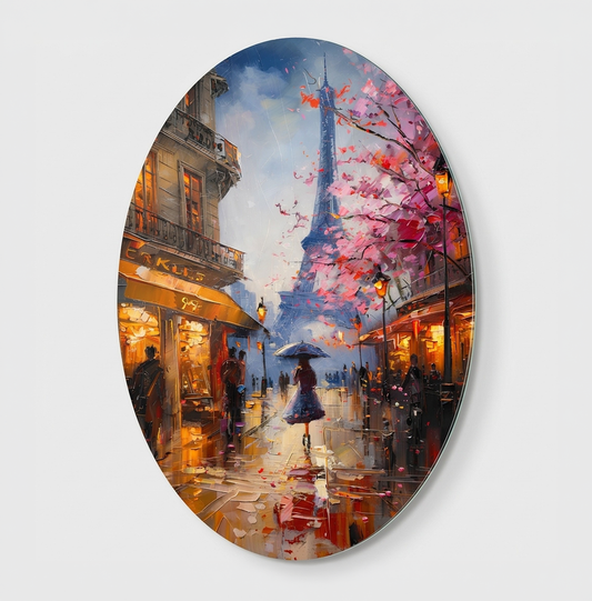 Romantik Paris Yağmuru Eyfel Kulesi Oval Tasarım Oval Dikey Cam Tablo