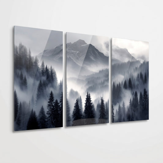 Sisli Orman Dağ Manzarası Dikey 3'lü Set Cam Tablo