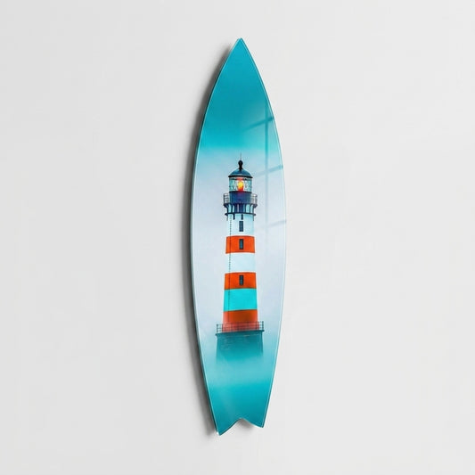 Modern Sisli Deniz Feneri Manzarasi Surf Board Cam Tablo