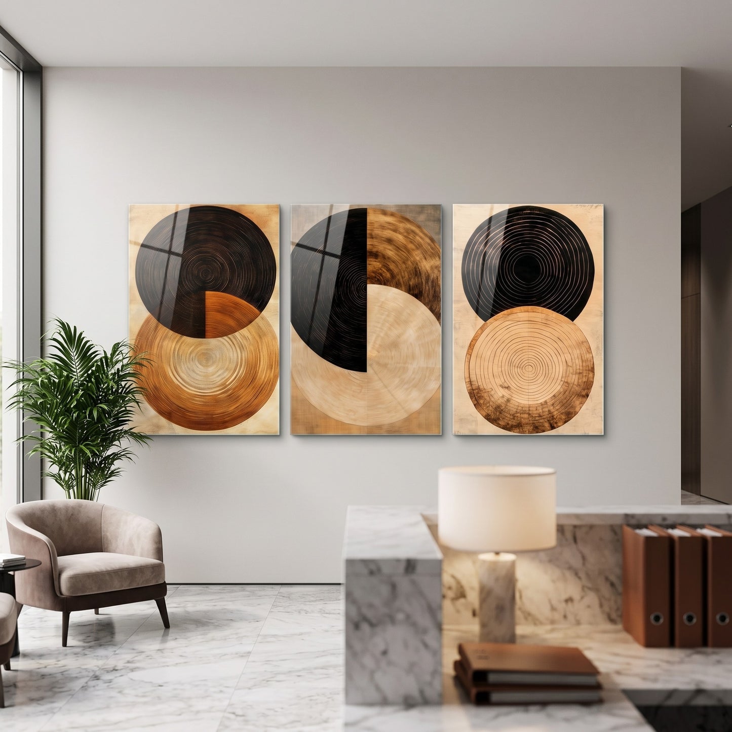 Modern Halka Detaylı 3lü Set Dikey 3'lü Set Cam Tablo