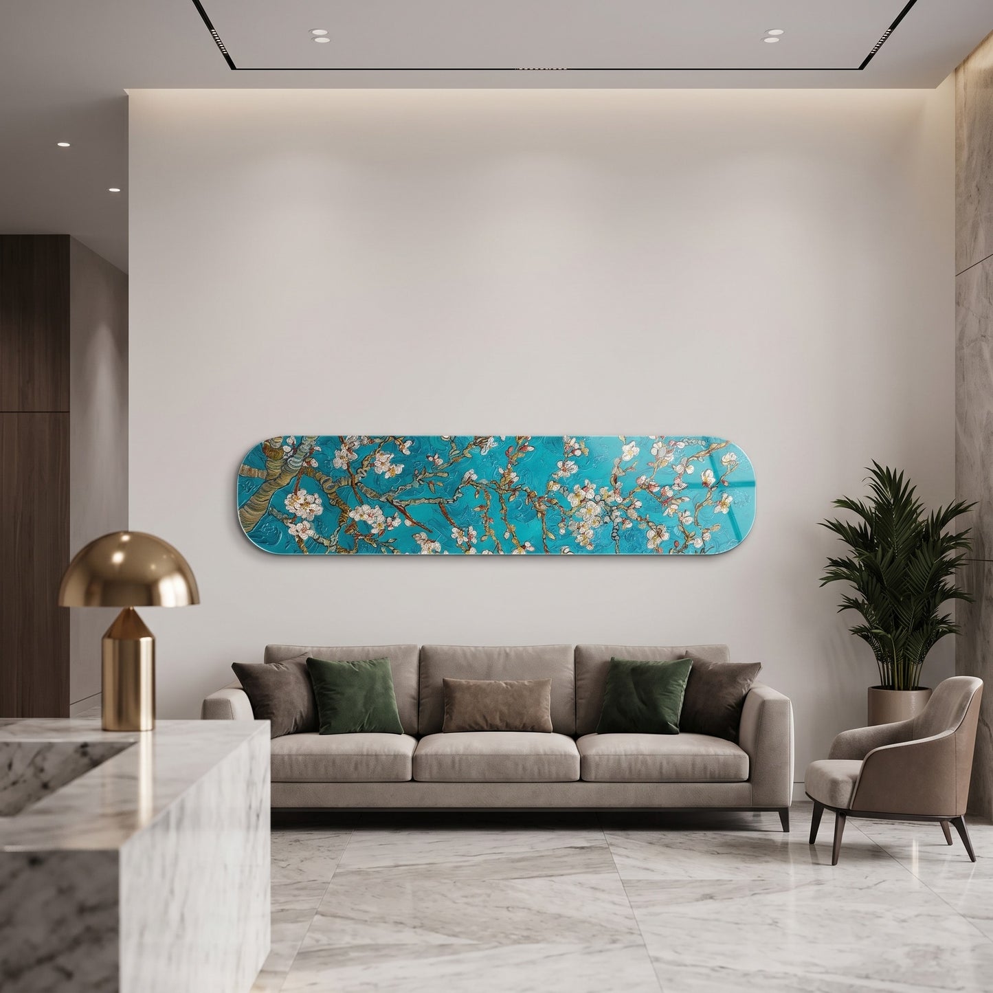 Van Gogh Badem Çiçekleri Yağlıboya Skate Board Yatay Cam Tablo