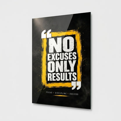 No Excuses Only Results Motivasyon Sözlü Dikey Cam Tablo