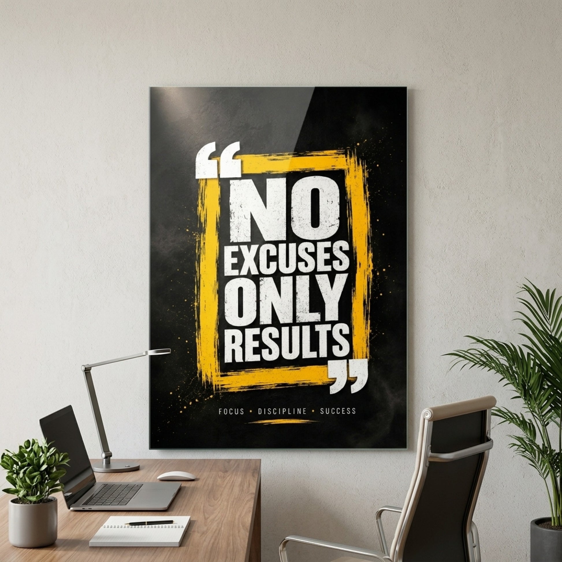 No Excuses Only Results Motivasyon Sözlü Dikey Cam Tablo